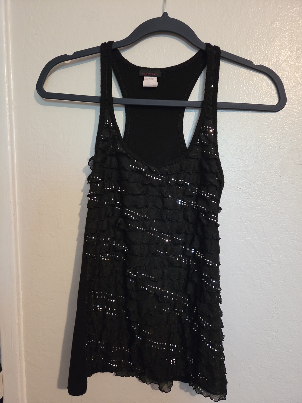 Black Sequin Ruffle Racerback Tank Top by Candy Rain